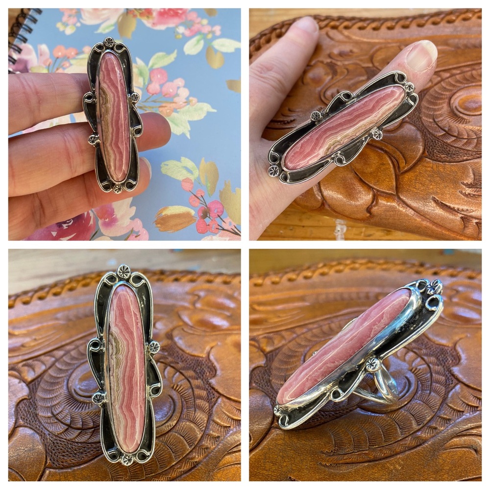 Vintage Sterling Native American Rhodochrosite Statement Ring Size 7 1/2